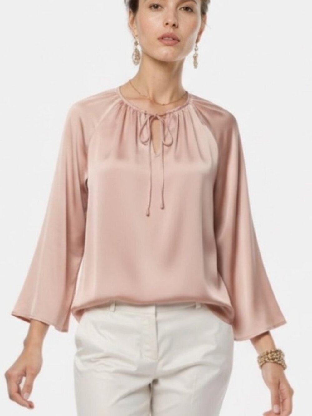 NWT New Jason Wu Tie Front Long Sleeve Satin Blouse In Rich Peach Size M